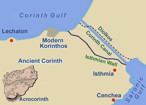 Ancient, Acro, and Modern Corinth Greece Locations.